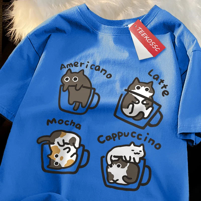 American Style Coffee Cat Print T-Shirts Man Casual Cotton T-Shirt Summer Breathable Tee Clothing Casual Loose Male T-Shirts