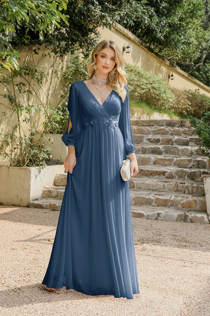 Vestido de Noite de Gola V com Apliques de Renda e Saia Evasê de Chiffon Elegante com Mangas Fendidas para Festas de Casamento 2025