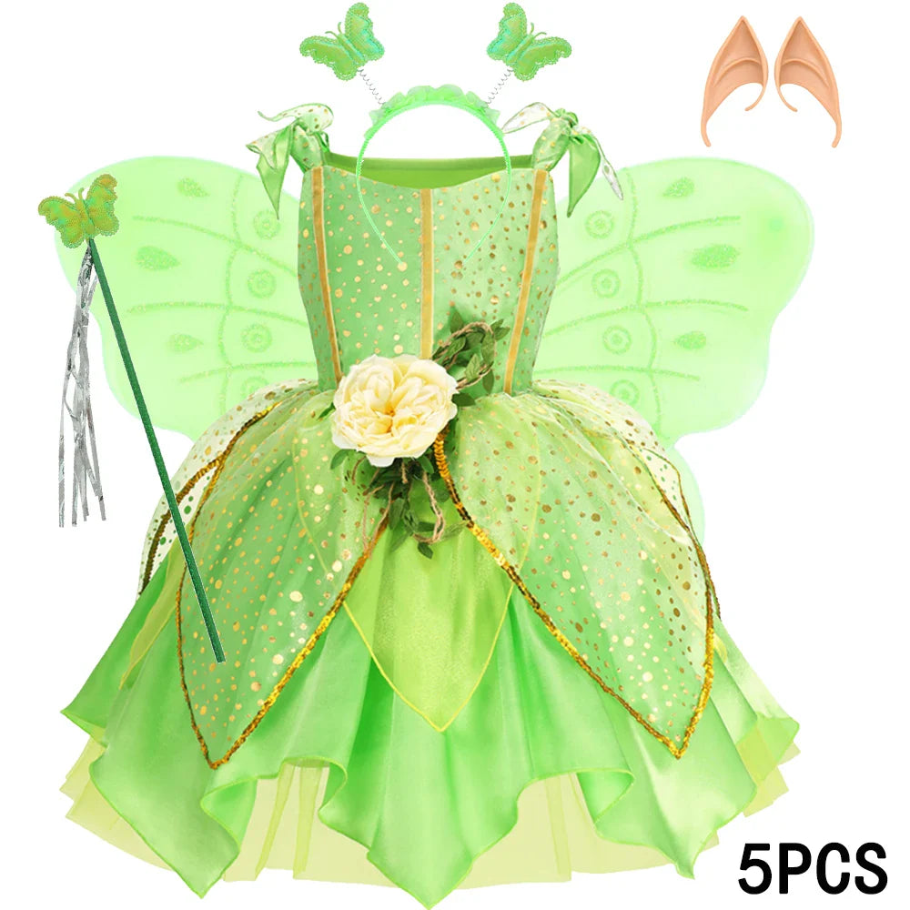 Summer Girls Tinkerbell Fairy Dresses Up for Girls Costume Kids Cosplay Flower Fairy Princess Clothes Christmas Party Outfit