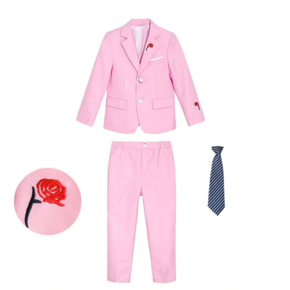 Pink Rose Embroidery Kids Formal Suit Set 3 Pieces Blazer Pants Tie Boy Wedding Suit Communion for Boys Tuxedos Teen Suit