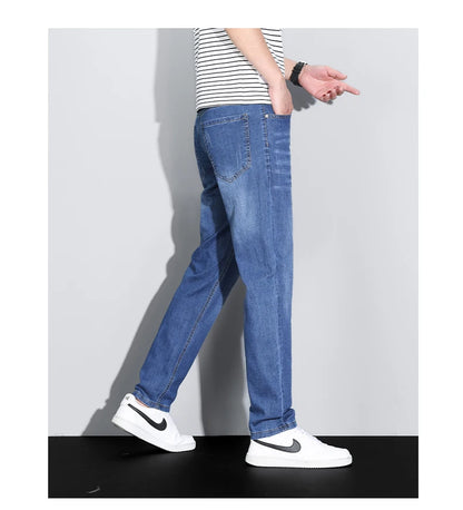Men's Ice Silk Denim Cargo Pants Summer New Thin Business Casual Jeans Outdoor Y2K All Match Slim Fit Straight Elastic Jean Male