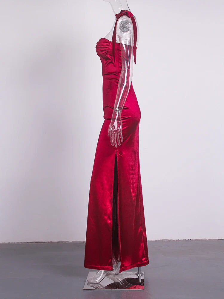 Sexy Sweetheart Ruched Padded Satin Maxi Dress Side Split Tie Up Sleeveless Cocktail Party Evening Bridesmaids PromGown