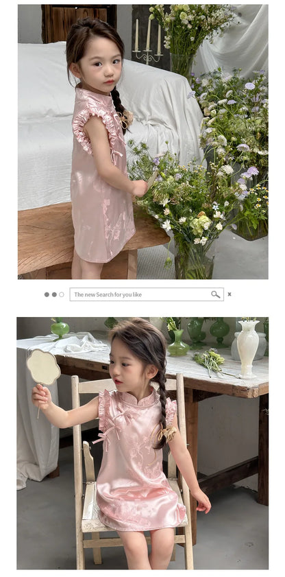 Vestido de princesa rosa estilo chinês retrô Qipao sem mangas para meninas de 2 a 10 anos Vestido 2026 Novo verão Roupas para o Dia das Crianças 6.1