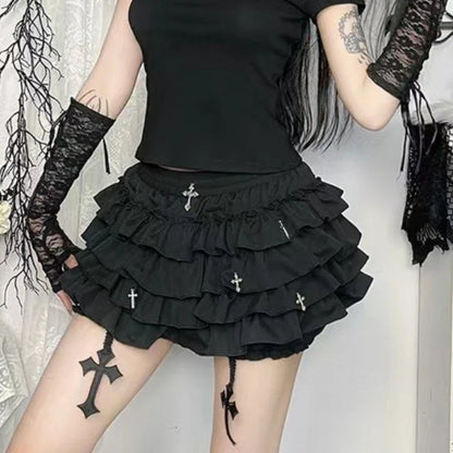 2026 Summer New Arrival Hot Girl Trendy Versatile Mini Skirt Dark Cross DesignTiered Cake Black Fluffy Skirts