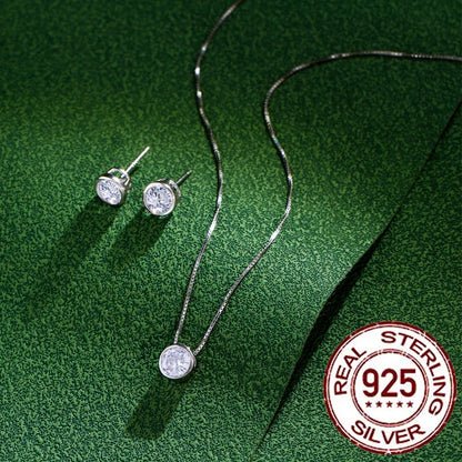 Conjunto de Joias em Prata Esterlina 925 Genuína, Colar Simples com Zircônia Cúbica Redonda Brilhante e Brincos para Mulheres, Casamento ST001