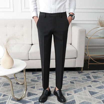 Thickened Fleece Men's Casual Straight Leg Pants Autumn Winter Elastic Slim Fit Korean Style Fashionable Nine Point Long Trou...