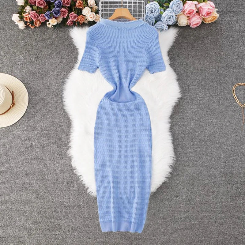 Women Knitted Long Dress Elegant V-neck Single-breasted Split Sweater Dress Office Lady Vestidos