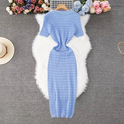 Women Knitted Long Dress Elegant V-neck Single-breasted Split Sweater Dress Office Lady Vestidos
