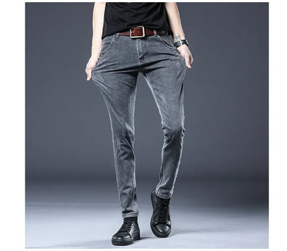 2026 New Gray Skinny Jeans Men's Slim Elastic Korean Fashion Vintage Casual Feet Male Clothing Denim Trousers 27-36