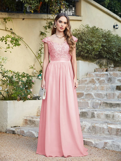 A-line V Neck Sleeveless Floral Lace Chiffon Back Hollow Long Paty Bridesmaid Dress Women 2024 For Wedding Sexy Evening Dress