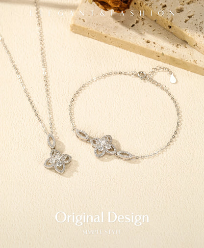 925 Sterling Silver Luxury Flowers Pendant Necklace Classic Daily Wear Jewelry Sets For Women Fine Bracelet