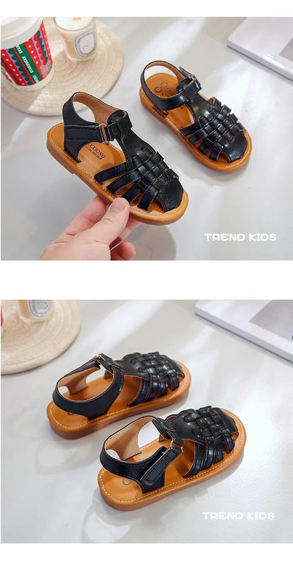 Toddler Sandals for Boys Cut outs Leather Shoes 2026 Summer Brand New Gladiator Sandals Weave Baby Boy Beach Shoes Flats H05096