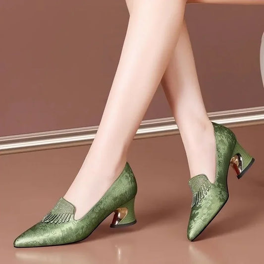 women fashion light weight comfort green square heel shoes lady casual black crystal shining heel shoes sapatos femininas a178