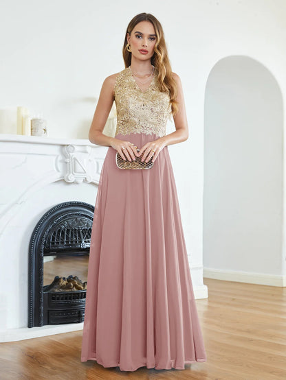Elegant Long Prom Dresses Patchwork A-Line Evening Dress Chiffon Embroidery Appliques V-Neck Halter Illusion Back Party Gowns