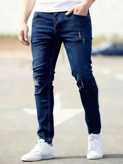 Calça Jeans Masculina Skinny Destroyed Primavera 2026 Lavagem Vintage Elástica Biker com Buracos Casual Ajuste Justo Streetwear Jeans Lápis Jogger