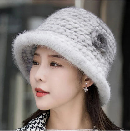 Woman Hat Winter Solid Mink Caps With Flower Natural Mink Fur Hats New Russian Girl Soft Knitting Real Fur Bucket Hats 2026 Warm