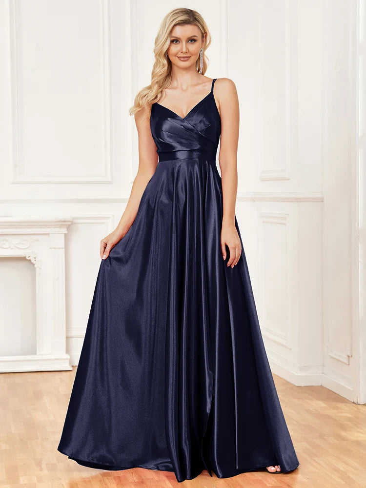 Luxury V-Neck Satin Sleeveless Blue Formal Evening Dress 2024 Women Elegant Sexy Slip Wedding Party Long Prom Dress
