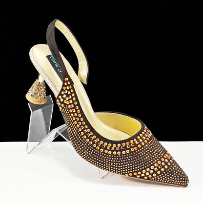 Italian Pumps and Bag To Party 2024 INS Style Pointed-Toe Rhinestone Elegant High Heels Champagne Wedge for Women