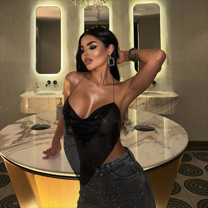 Shiny Metal Sequins Tank Tops For Women Sexy Backless V Neck Adjustable Chain Crop Top Lady Festival Rave Party Club Camisole