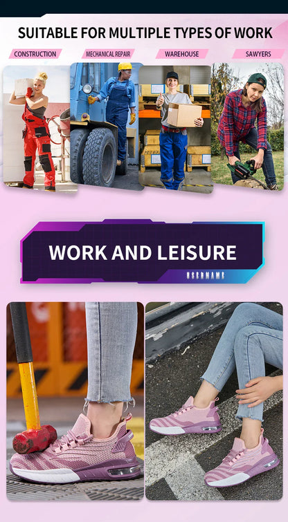 Ladies Safety Shoes Steel Toe Anti- Crush Fashion Pink Work Shoes Women's Footwear Comfortable Breathable for Office Use