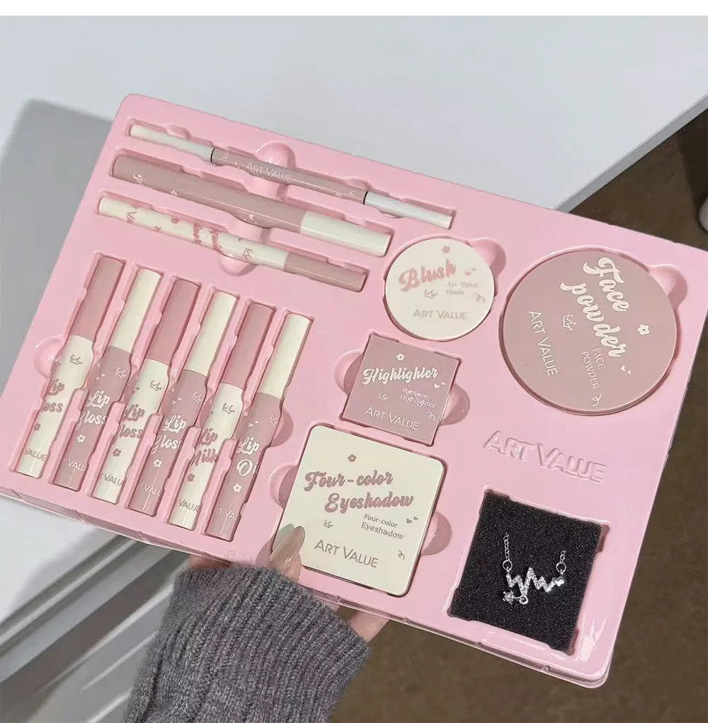 Makeup Set Include 4Lip Glaze,1Lip Oil,1Lip Cream,1Eyeliner,1Mascara,1Eyebrow Pen,1Blush,1Highlighter,1Eyeshadow,1Pressed Powder