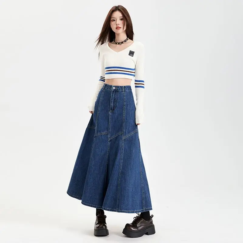 Women Blue A-line Denim Skirt Vintage Aesthetic Y2k Patchwork New Jean Skirt Harajuku Korean Cowboy Skirts 2000s Clothes Summer