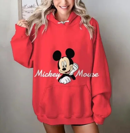 Mickey Mouse Red Hoodie Women 2025 Autumn Oversized Printed Pullover Casual Streetwear Disney Y2K Aesthetic Fashion Comfortable