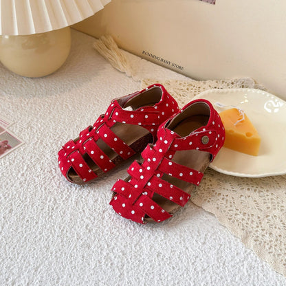 All Over Print Polka Dot Children Sandals for Girls Suede Leather Summer Students Holiday Shoes Girl Daily Shoes Cut-outs I05103