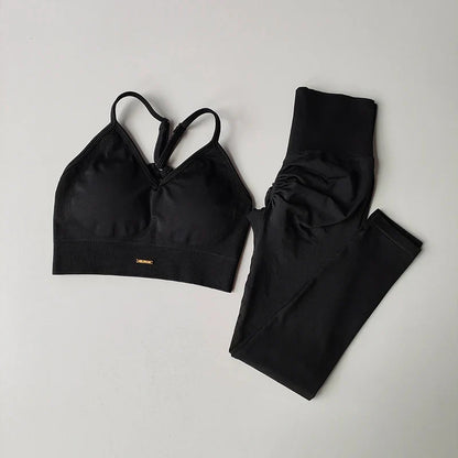 Seamless Hip Lifting Fitness Set Women's V-neck Bra Leggings Yoga Set Quick Drying Exercise Iron Massage High Fat Tight Pants