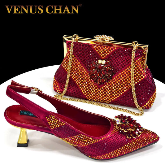 2024 Italian Design Rhinestone Luxury Wine Colour Pointed Toe Shoe & Bag Set Women's High Heels for Parties By Venus Chan