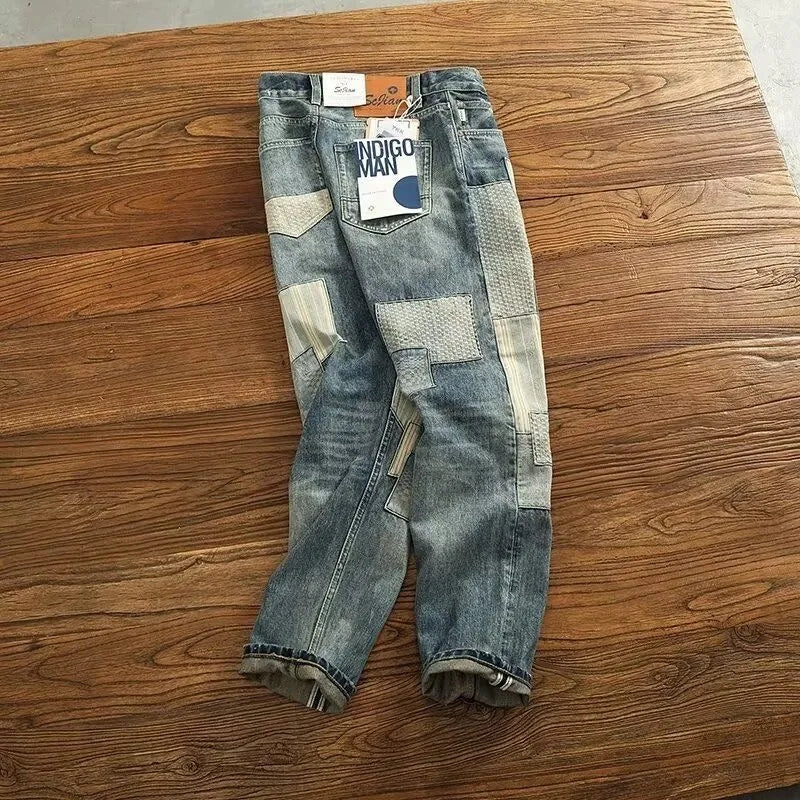Autumn and Spring New Fashion Trend Printed Ripped Straight Leg Jeans Men's Casual Loose Vintage Sports High-grade Denim Pants