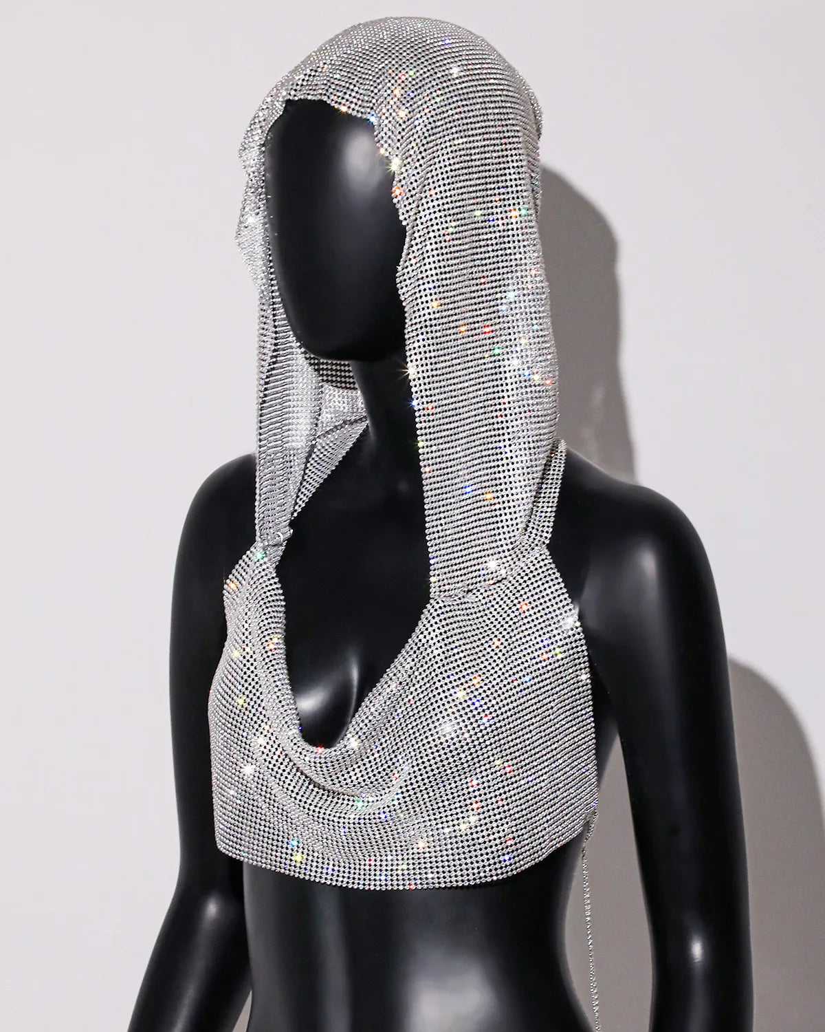 2025 Summer New Rhinestone Hooded Crop Top Sexy Deep V Neck Backless Sleeveless Glitter Tank Top Rave Nightclub Party Camisole