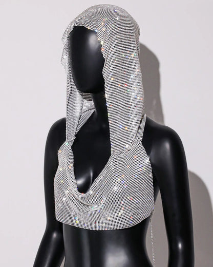 2025 Summer New Rhinestone Hooded Crop Top Sexy Deep V Neck Backless Sleeveless Glitter Tank Top Rave Nightclub Party Camisole