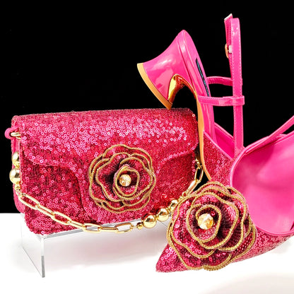 Gold Color Shoes and Bag Elegant Handbags and Medium Heel Shoes Beautiful Handmade Flowers For Wedding Party