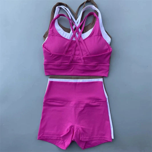 Solid Color gym bike Yoga Set short Legging +cross sport bra Tracksuit  Athletic Women Gym Suit Comprehensive Training Jogging
