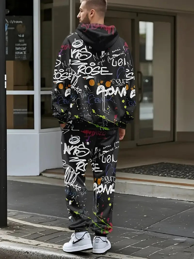 The new men's hoodie set for Spring and Autumn 2025 features a casual fashionable and comfortable 3D graffiti pattern print