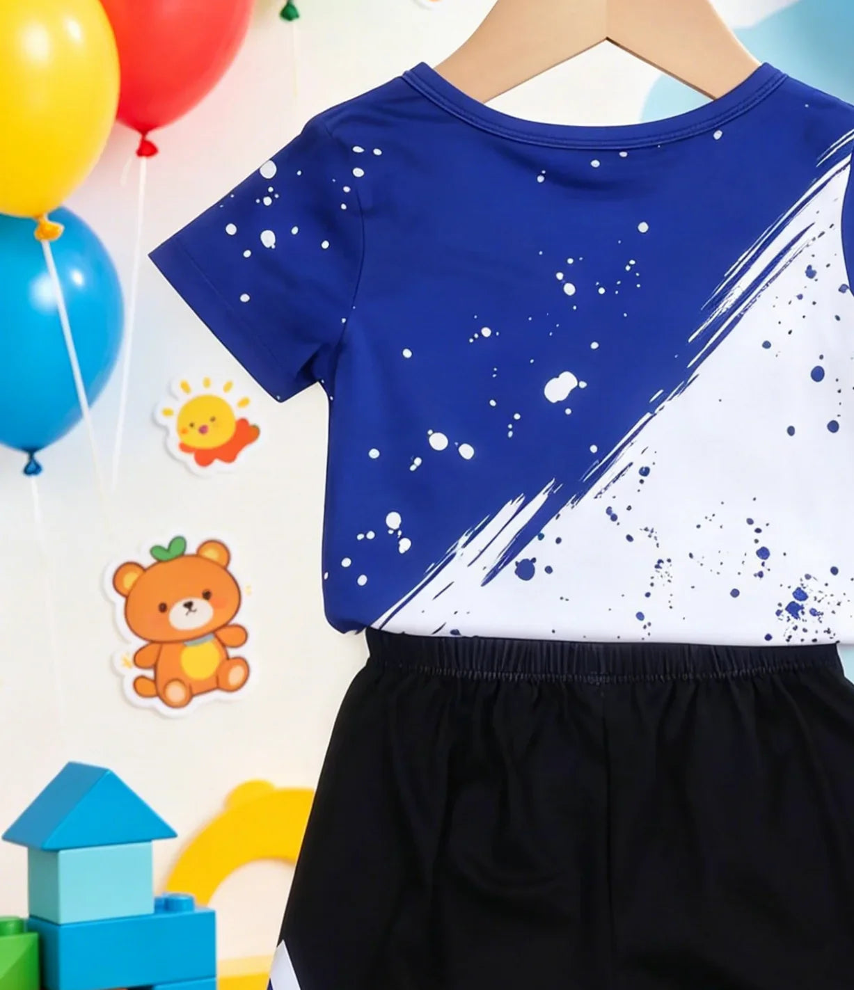 Boys Blue White Color Block Basketball Print Short Sleeve Side Stripe Shorts Set Sport Casual