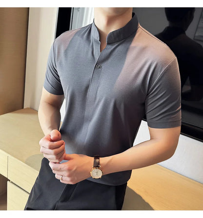Men's High Elastic V-neck Polo Shirt, Thin Short-sleeve T-shirt, Business Casual Men's Top, 2024 High Quality, M-4XL.