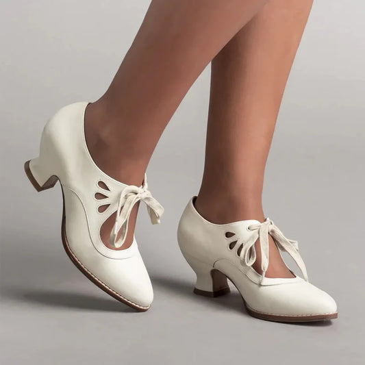Mary Jane Pumps Woman Vintage Lace Up Low Heel Dress Zapatos Ladies Brand Design Butterfly Wing Derby Shoes Plus Size