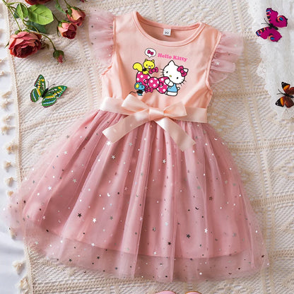 Girls Sequin Tutu Dress with Bow Flutter Sleeves Summer Princess Party Outfit for Toddler Kids 2-6 Years