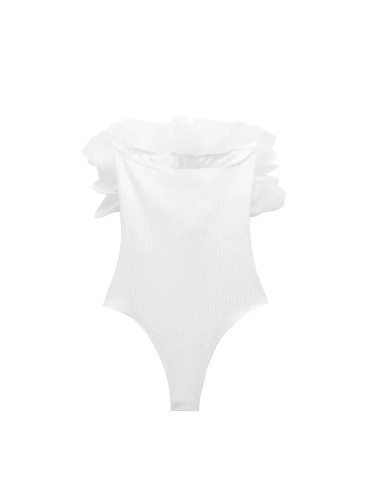 Women Fashion Ribbed Bodysuit With Organza Ruffle Vintage High Elastic Sexy y2k Female Chic Lady Tops body femme