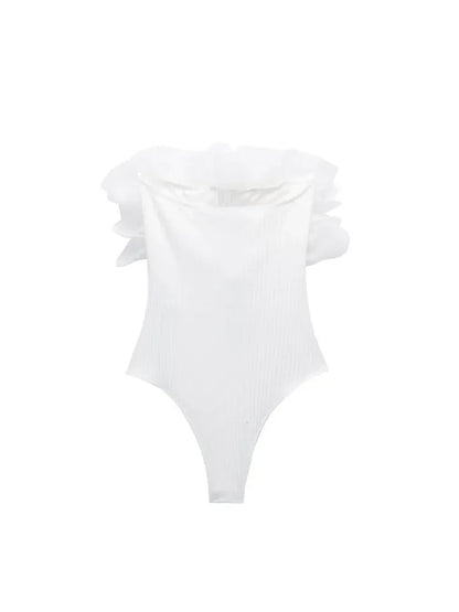 Women Fashion Ribbed Bodysuit With Organza Ruffle Vintage High Elastic Sexy y2k Female Chic Lady Tops body femme