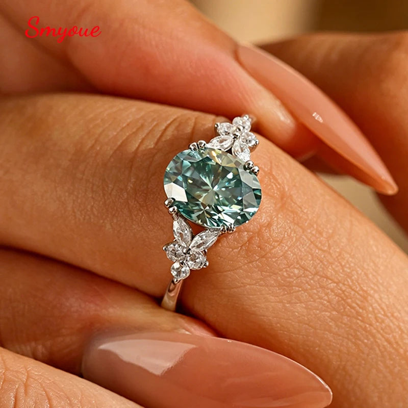 Blue-green 2CT Oval Cut All Moissanite Rings for Women Female Luxury Quality Jewelry S925 Sterling Silver Wedding Band