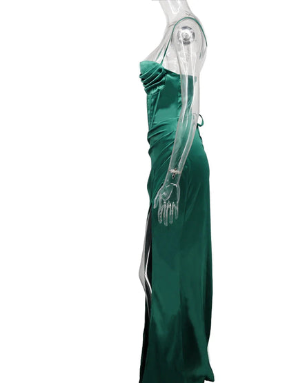 New Summer Prom Dress Women'S Sling Sleeveless Solid Color Dress One Word Neck Slim Fit Open Back Slit Red Sexy Dress
