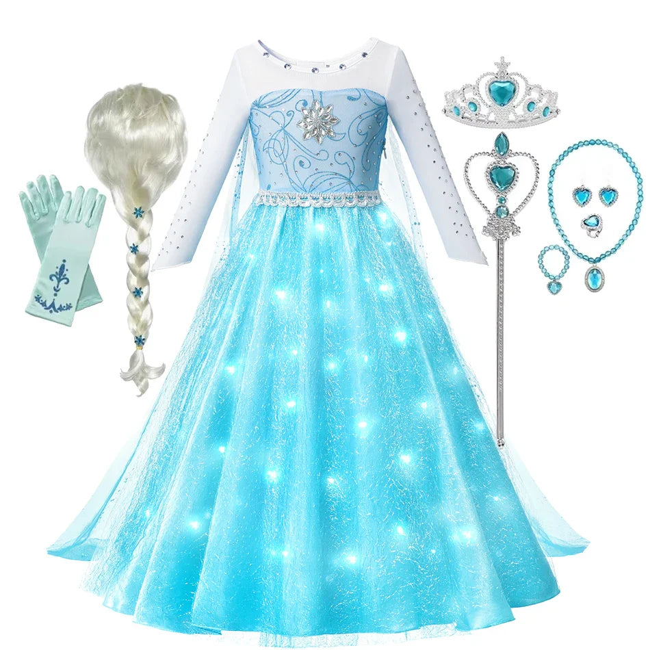 Elsa Rainha da Neve Princesa Meninas Vestido LED Roupa de Carnaval de Halloween Festa Crianças Cosplay Fantasia Infantil