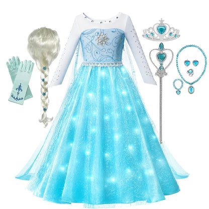 Elsa Rainha da Neve Princesa Meninas Vestido LED Roupa de Carnaval de Halloween Festa Crianças Cosplay Fantasia Infantil