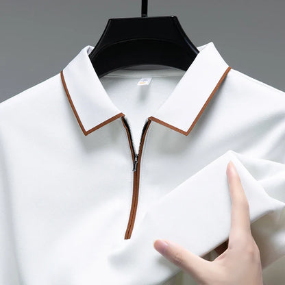 Light luxury brand long sleeved men's polo shirt autumn fashion flip collar half zipper design boutique top silk casual T-shirt