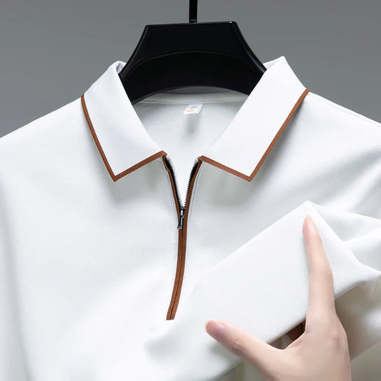 Light luxury brand long sleeved men's polo shirt autumn fashion flip collar half zipper design boutique top silk casual T-shirt