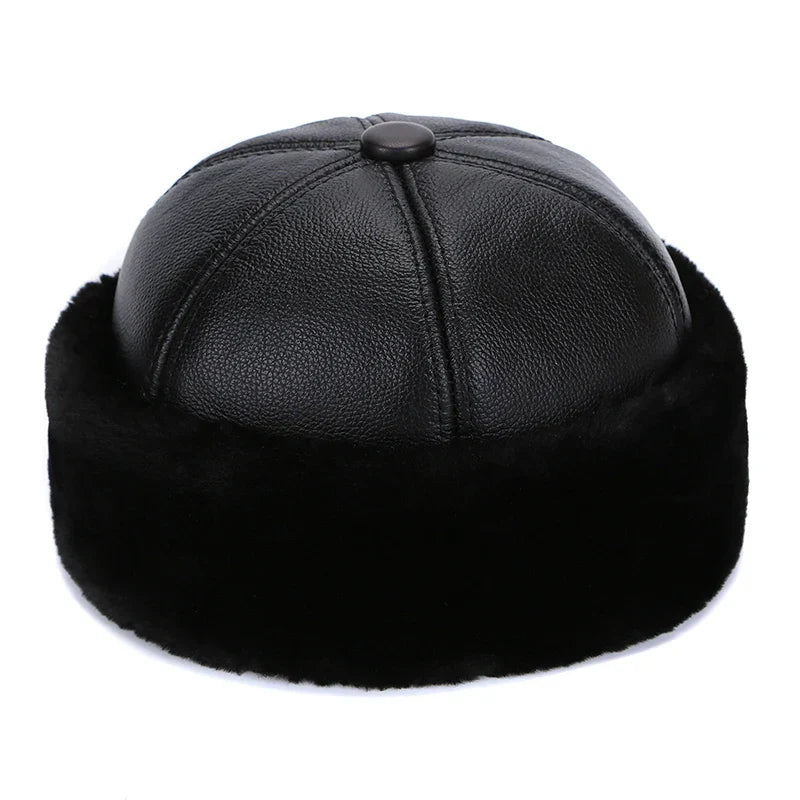 Retro Cowhide Bomber Hat Winter Keep Warm Caps Men Women Real Leather Cap Thick Velvet Dad Hat Leather Hat
