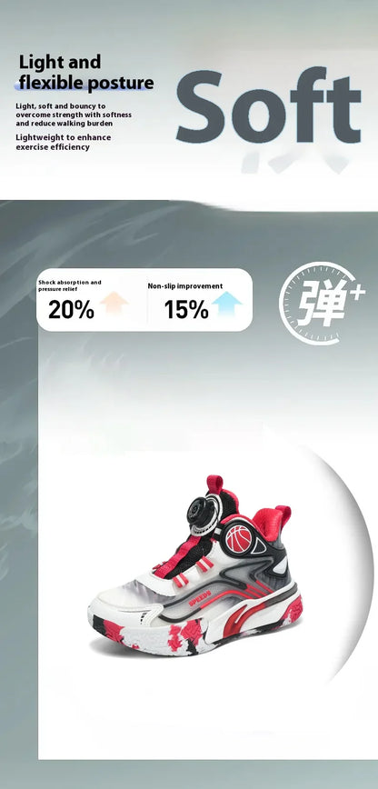Children's basketball shoes boys' waterproof leather surface rotating buckle anti-slip and shock-absorbing student sports shoes